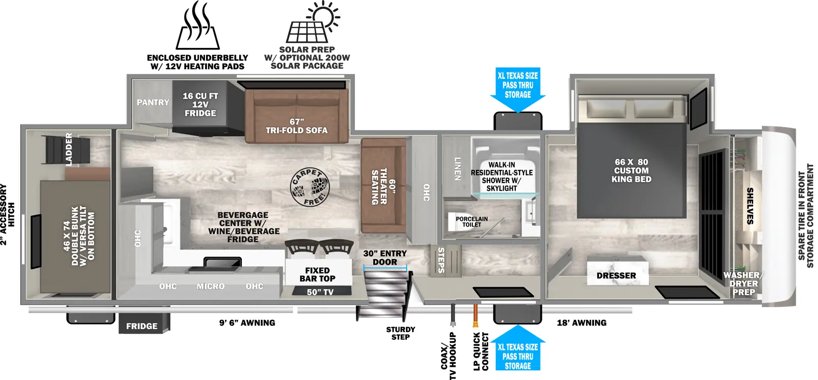 The Hemisphere Fifth Wheels 328BH has one entry and two slide outs. Exterior features include: fiberglass exterior and 9'6" & 18' awning. Interiors features include: bunk beds and front bedroom.